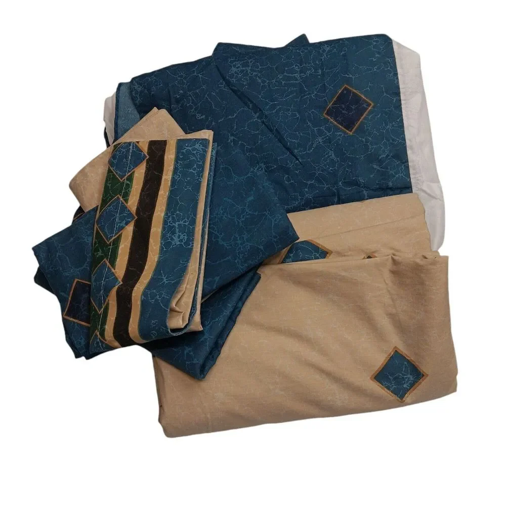 Vintage 80's springs King size‎ bed sheet skirt pillow cases Beige Blue diamond
